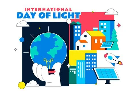 International Day Of Light Vector Illustration Featuring Light Bulb Solar E.. Stock Illustration