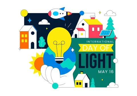 International Day Of Light Vector Illustration Featuring Light Bulb Solar E.. Stock Illustration