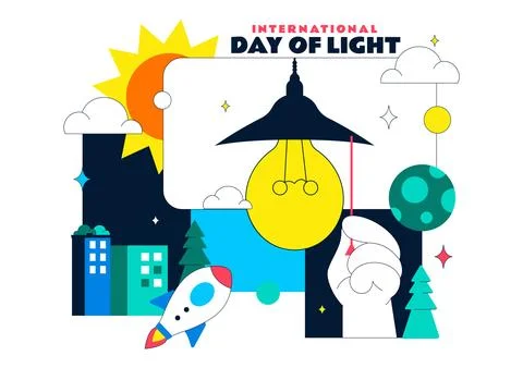 International Day Of Light Vector Illustration Featuring Light Bulb Solar E.. Stock Illustration