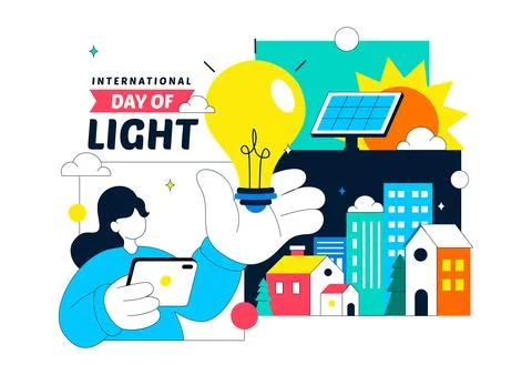 International Day Of Light Vector Illustration Featuring Light Bulb Solar E.. Stock Illustration