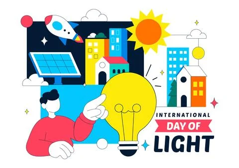 International Day Of Light Vector Illustration Featuring Light Bulb Solar E.. Stock Illustration