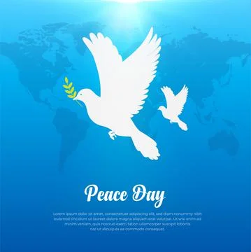International Day of Peace background with two flying dove and World Map Stock Illustration