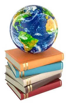 International Education, concept. Stack of books with Earth Globe, 3D rend... Stock Photos