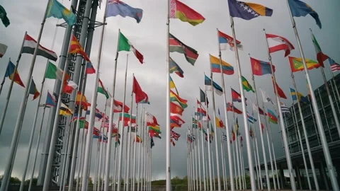 International flags of different countries waving in the wind on flagpoles Stock Footage 205001594