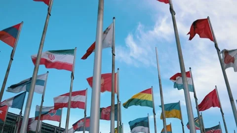 International flags of different countries waving in the wind on flagpoles 스톡 동영상 205001655