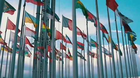 International flags of different countries waving in the wind on flagpoles Stock Footage 205001679