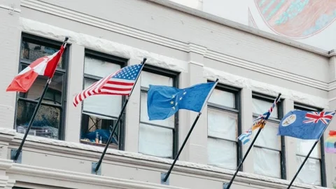 International Flags Waving Outside Modern City Office Building Windows Stock Footage 345615234