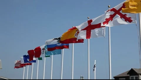 International flags waving on poles in Los Angeles, California Stock Footage
