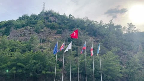 International Flags Waving in the Wind Against Forested Mountain Background. 库存影片 336338632