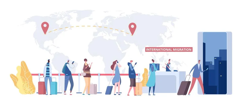 International migration concept. Immigrants queue, world map and destination Stock Illustration