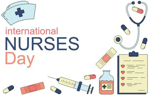 International nurses day frame with flat cartoon medical elements like syri.. Illustrazione stock
