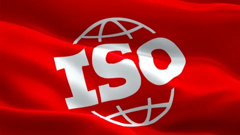 International Organization for Standardization flag. 3d ISO logo waving video. Stock Footage 169988338