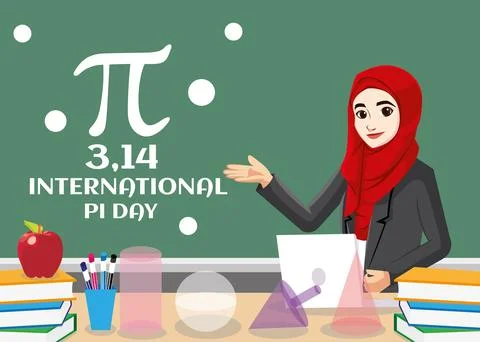 International Pi Day vector background with Smiling Cute Female Teacher Tea.. Stock Illustration