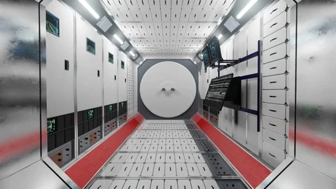 International Space Station Interior. Narrow corridor of ISS. Stock Footage
