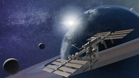 International Space Station orbiting an imaginary planet. Elements of this image Stock Illustration
