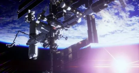 International Space Station orbits Earth during sunset Stock Illustration