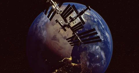 International Space Station orbits Earth over Africa at night Ilustração Stock
