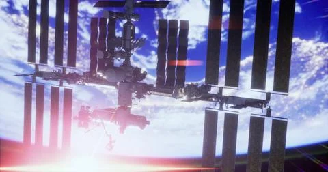 International Space Station orbits Earth during vibrant sunset hours Stock Illustration