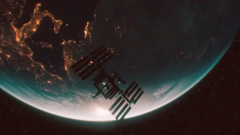 International Space Station in outer space over the planet Earth orbit Stock Footage