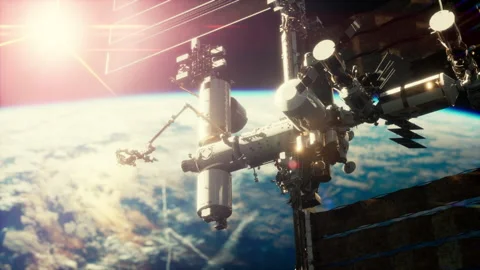 International Space Station in outer space over the planet Earth orbit Stock Footage 170284226