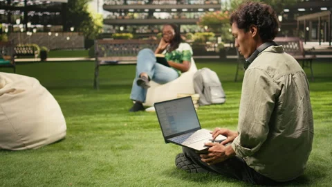 International student using laptop with coding content on campus bench Stock Footage 340963059