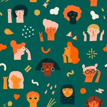 International women day 8 of March seamless pattern with various of women faces Stock Illustration