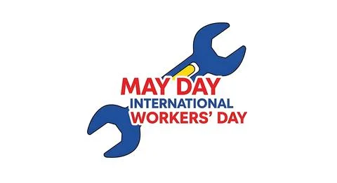 International workers day banner with blue wrench tool for may day celebrat.. Illustrazione stock