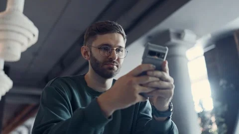 Internet Addicted Male Person Using Social Media In Smartphone, Portrait Of Man Stock Footage 343669050