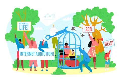 Internet addiction concept vector illustration of young people using devices Stock Illustration