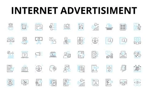 Internet advertisiment linear icons set. Banner, Click, Conversion, Cost, CPM Illustrazione stock