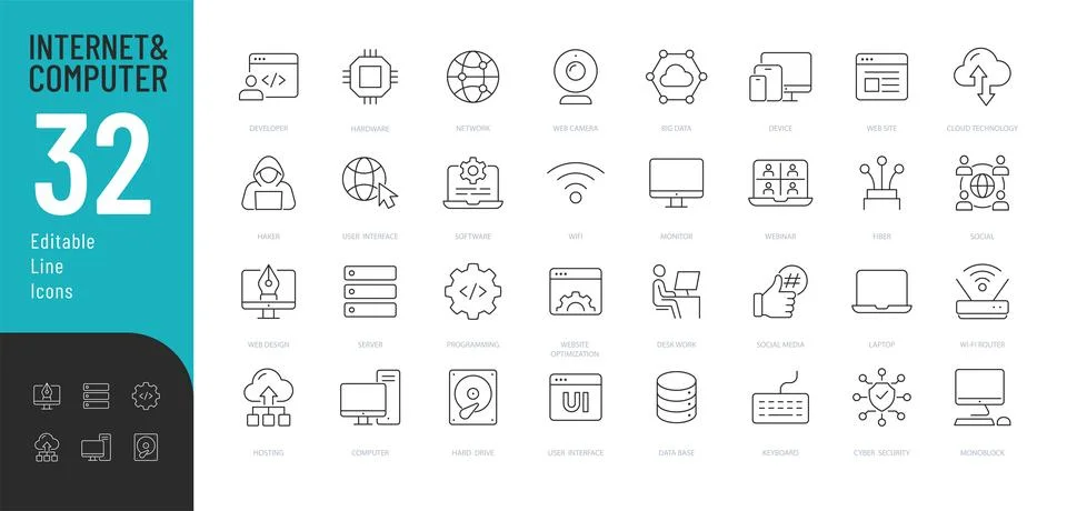 Internet and Computer Line Editable Icons set. Stock Illustration