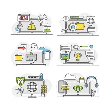 Internet and computer services linear signs set. Data, information security Stock Illustration