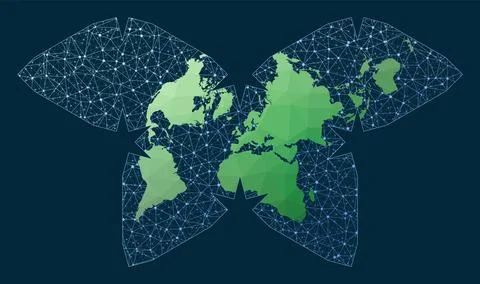 Internet and global connected globe. Polyhedral Waterman projection. Green .. イラスト素材