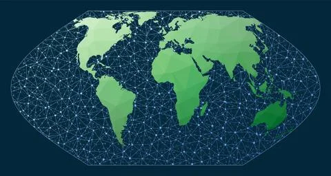 Internet and global connected globe. Eckert 6 projection. Green low poly wo.. Stock Illustration