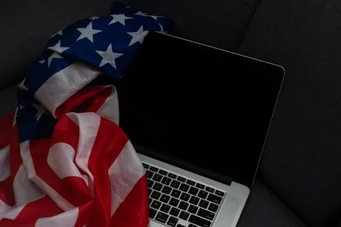 Internet and network security. Computer with binary computer code and American Stock Photos