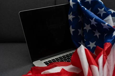 Internet and network security. Computer with binary computer code and American Stock Photos