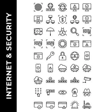 Internet and Security icon set include fingerprint, search, computer, shield, Stock Illustration