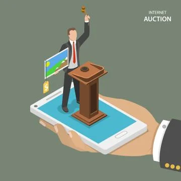 Internet auction isometric flat vector concept. Stock Illustration