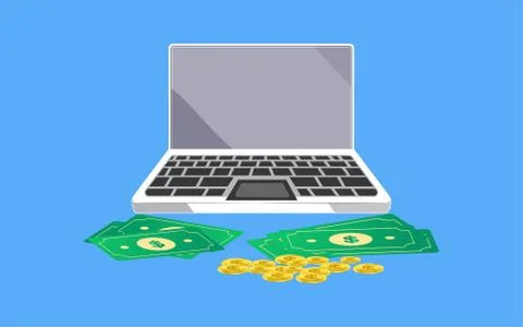 Internet Banking. Vector Illustration Of Laptop With Cash And Coins Lying Around Illustrazione stock