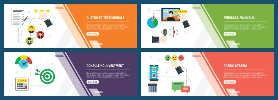 Internet banner set of customer testimonials, rating and feedback financial i Stock Illustration