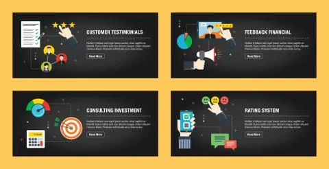 Internet banner set of customer testimonials, rating and feedback financial i Stock Illustration