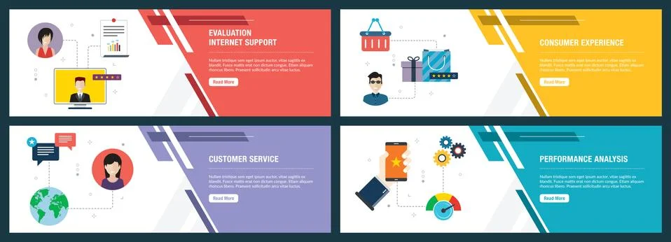Internet banner set of evaluation, customer service and performance analysis  Stock Illustration