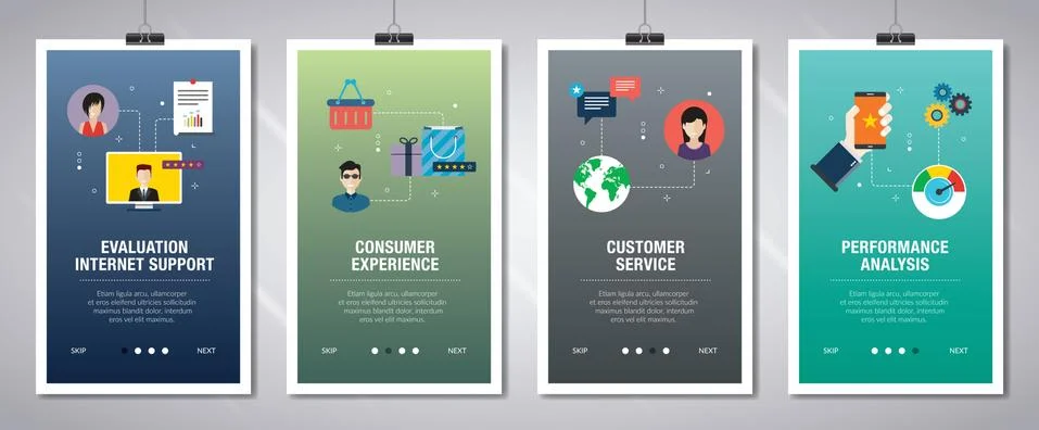 Internet banner set of evaluation, customer service and performance analysis  Stock Illustration