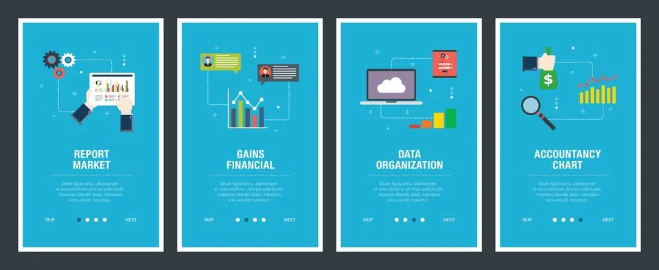 Internet banner set of report, accountancy and organization icons. Stock Illustration