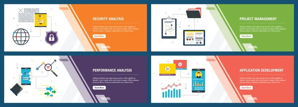 Internet banner set of security, project management, performance and applicat Stock Illustration