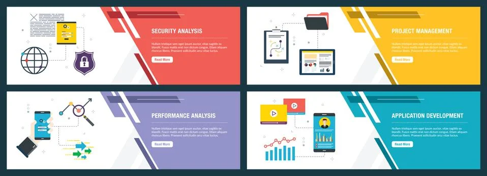 Internet banner set of security, project management, performance and applicat Stock Illustration