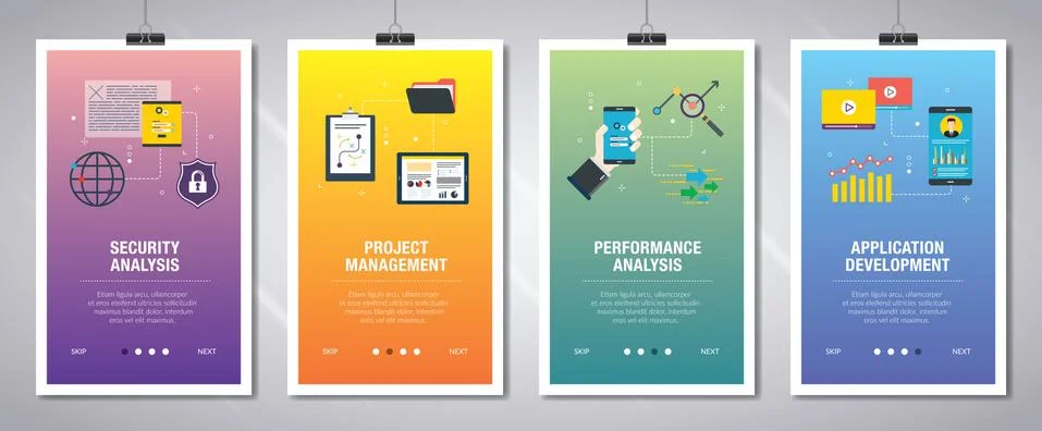 Internet banner set of security, project management, performance and applicat Stock Illustration