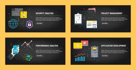 Internet banner set of security, project management, performance and applicat Stock Illustration