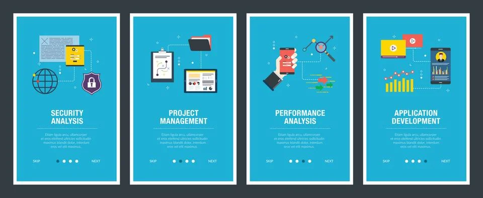 Internet banner set of security, project management, performance and applicat Stock Illustration