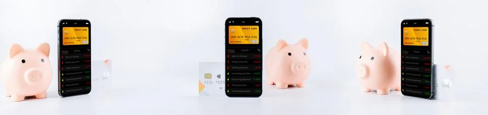 Internet based banking collection. Mobile phone with internet online bank app Foto stock